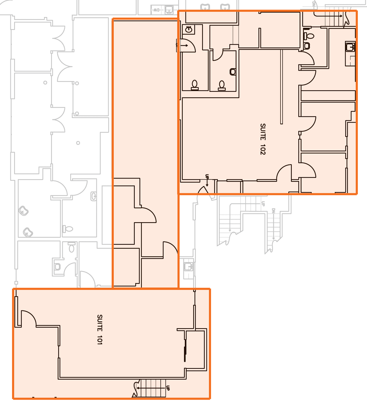 Suites 101 and 102 with the shared space between