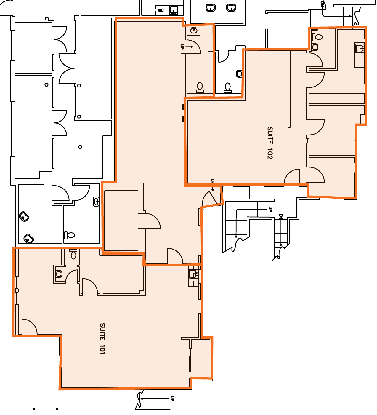 Suites 101 and 102 with the shared space between